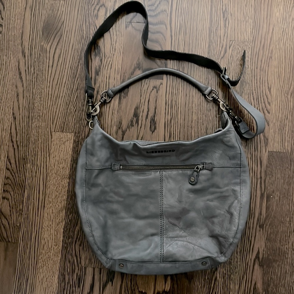 Liebskind Gray Distressed Convertible Leather Hobo Bag. Many pockets.